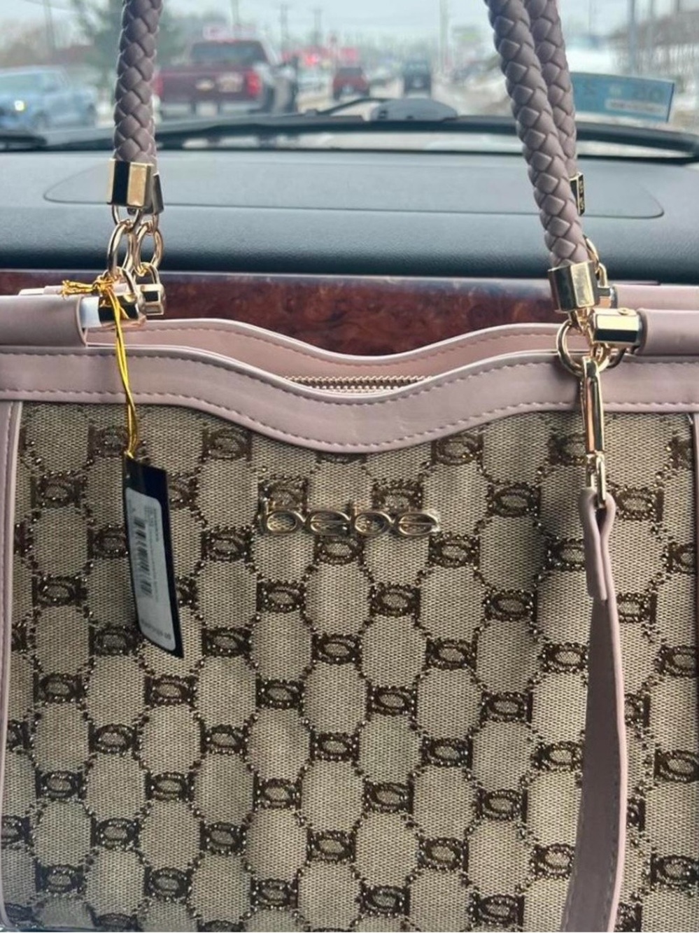 Bebe Woven Canvas Shoulder Bag with Mauve Leather Trim